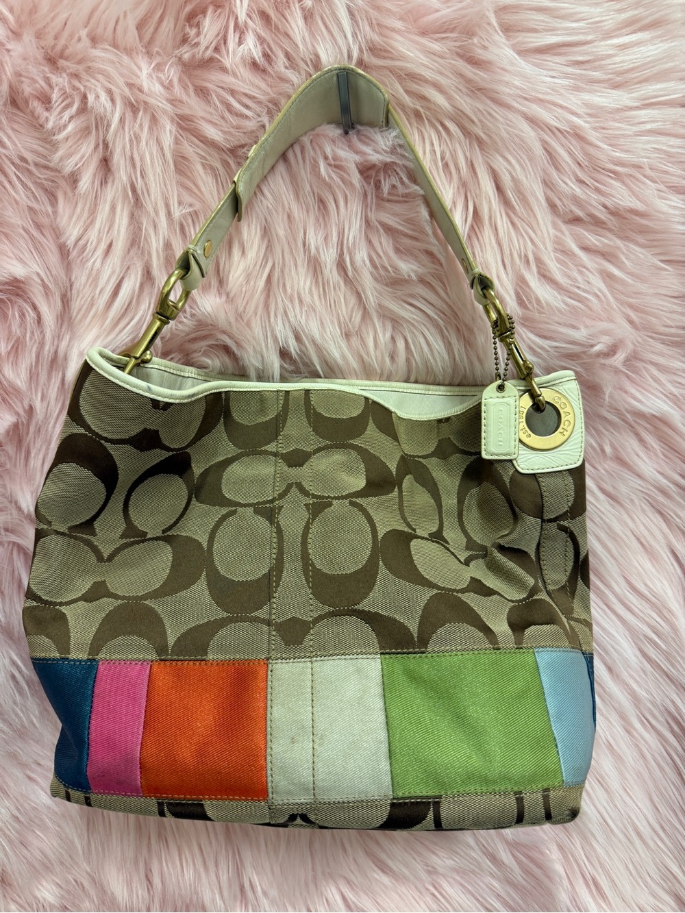 Y2K Coach Brown Signature Canvas Shoulder Bag with Multicolor Stripe